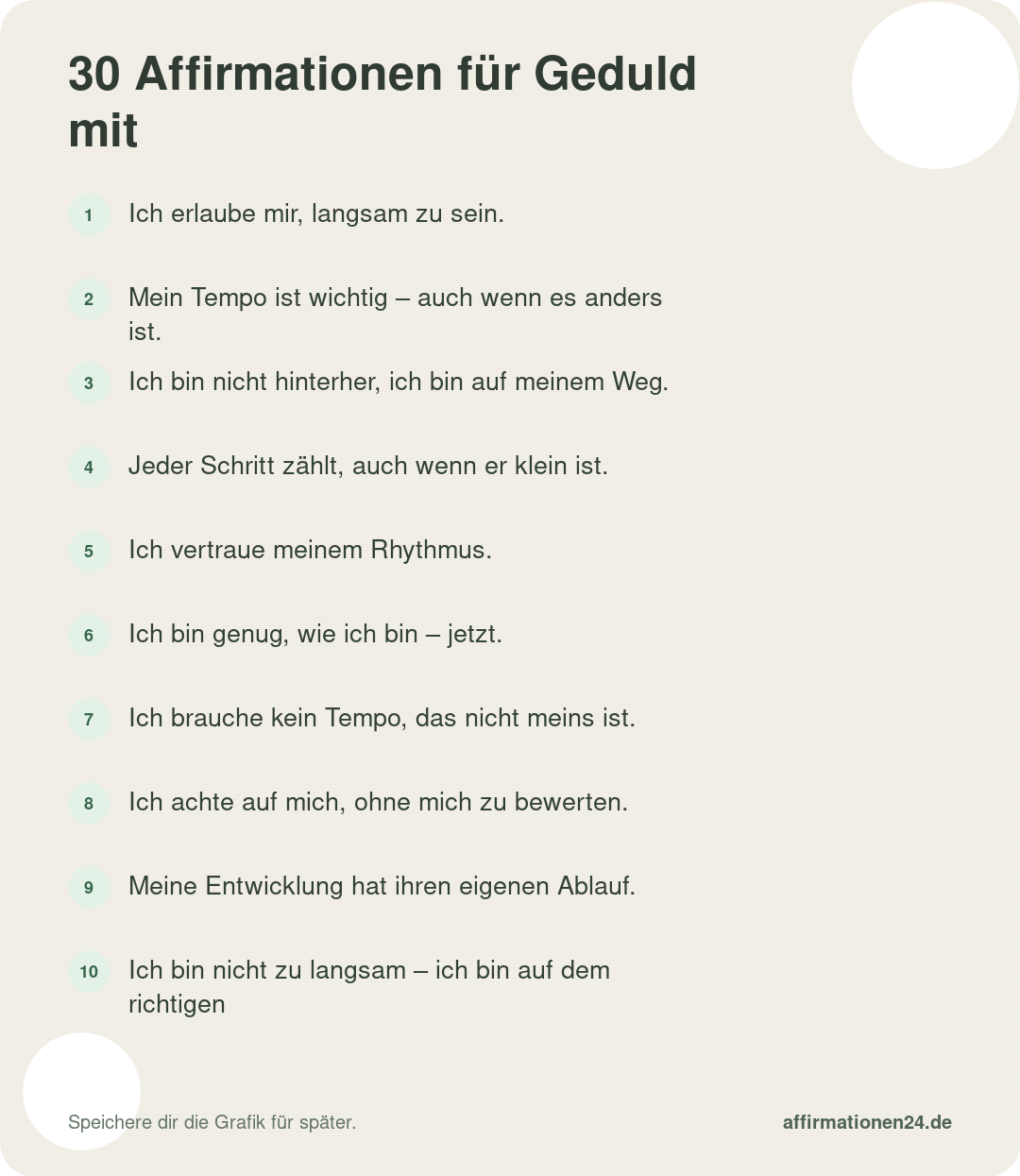 30 Affirmationen für Geduld mit dir selbst – auf einen Blick