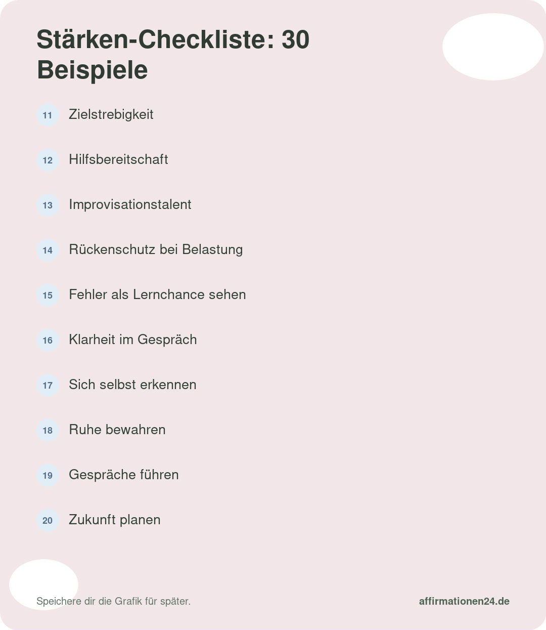 Stärken-Checkliste: 30 Beispiele für deine persönliche Liste – Punkte 11 bis 20